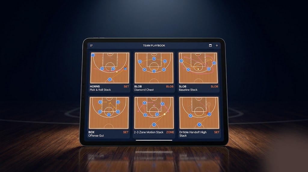 NextPlay playbook on an iPad - a grid of basketball plays with court diagrams, names, and category tags