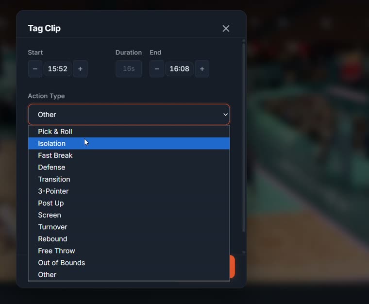 Tagging a basketball clip in NextPlay - action types like pick and roll, fast break and defense
